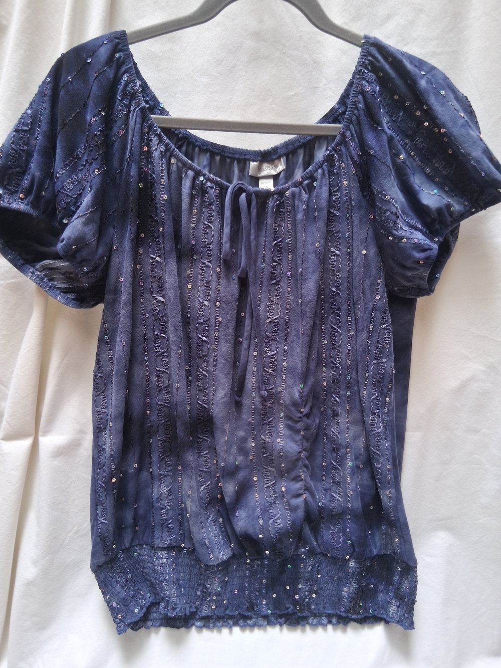 Dress Barn Navy Blue Sequin-Embellished Peasant Top
